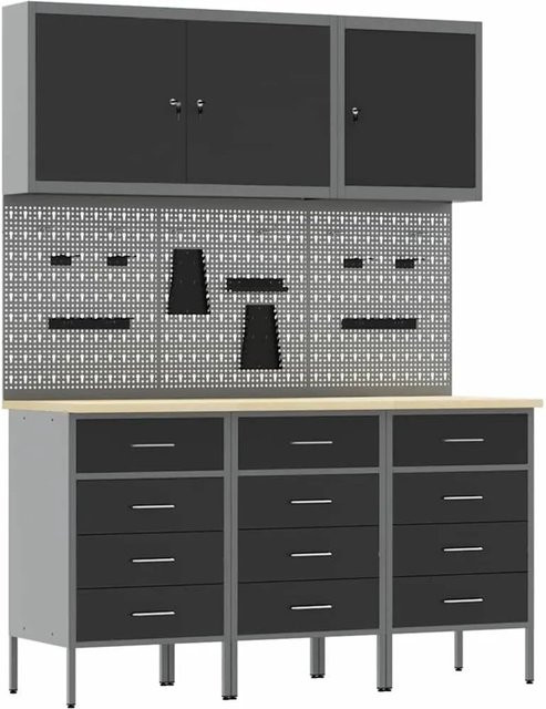 vidaXL Werkbank mit 8 Schubladen und Pegboard aus Holz und Stahl, Schwarz, B: 200 cm, H: 150 cm, T: 55 cm - Bild 1