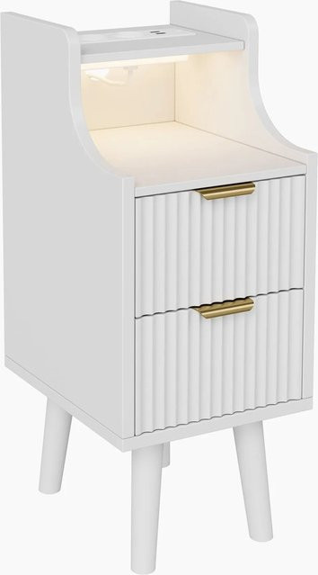 PXloue Nachttisch 2er Set Weiß mit Wellenfront, 2 Schubladen, LED-Beleuchtung und Ladestation - Bild 1