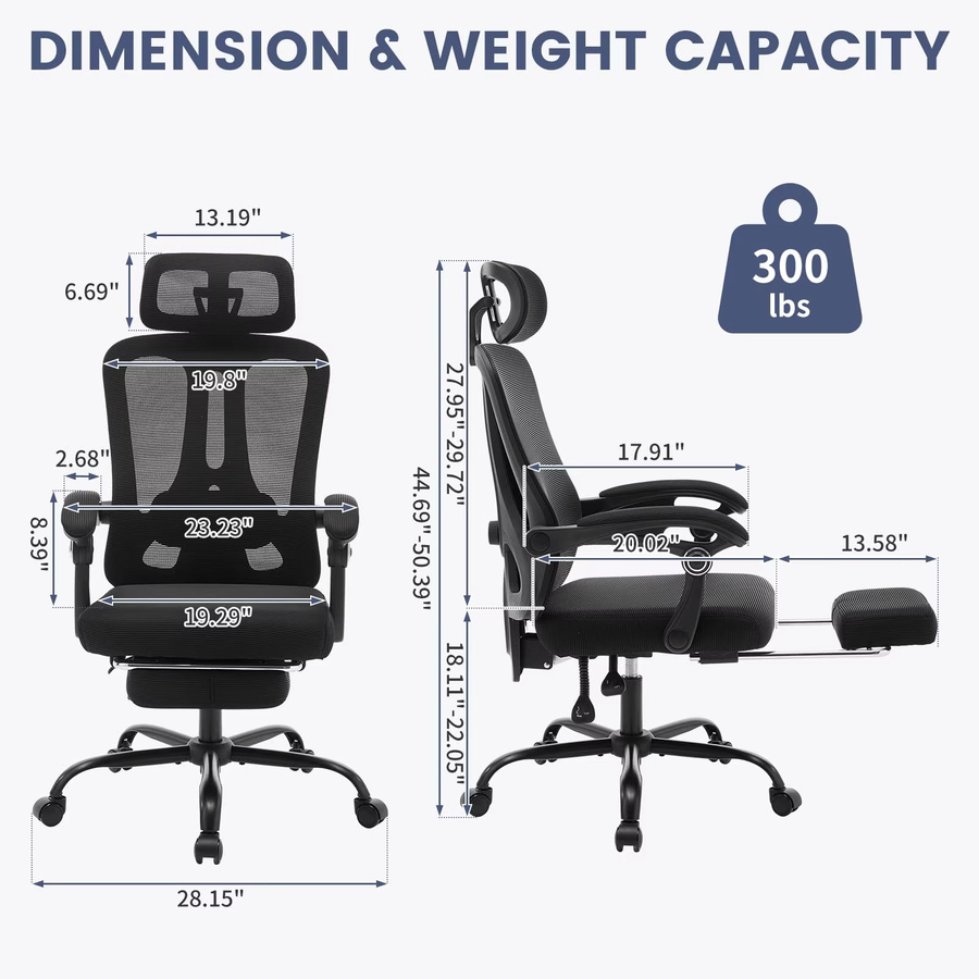 Garvee ergonomischer Gaming-Stuhl mit hoher Rückenlehne und Kopfstütze, atmungsaktives Mesh-Gewebe, verstellbare Lendenstütze und ausziehbare Fußstütze, drehbarer Bürostuhl in Schwarz - Bild 2