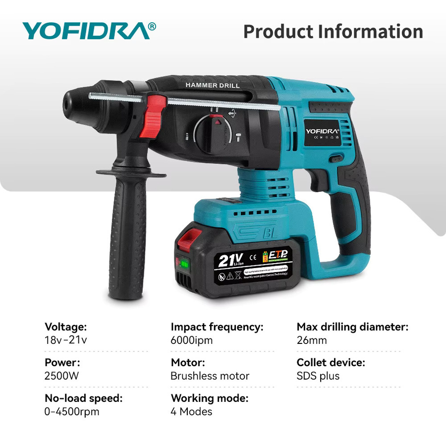YOFIDRA Bürstloser elektrischer Hammer-Schlagbohrschrauber in Petrol, kabelloses Elektrowerkzeug-Set kompatibel mit Makita 18 V Akku-Pin, 26 mm Bohrkapazität - Bild 2
