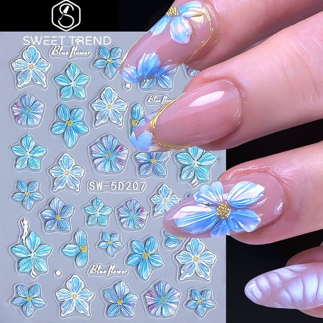SWEET TREND Nagelaufkleber Blau-Rote Blumen, Glänzend - Bild 1