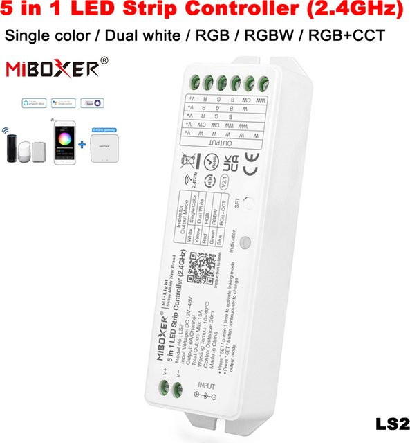 MiBoxer LS2 Smart LED Controller 2,4 GHz RF 5in1 Dimmer für einfarbige, CCT, RGB, RGBW und RGB+CCT LED-Streifen (DC12V-48V) - Bild 1