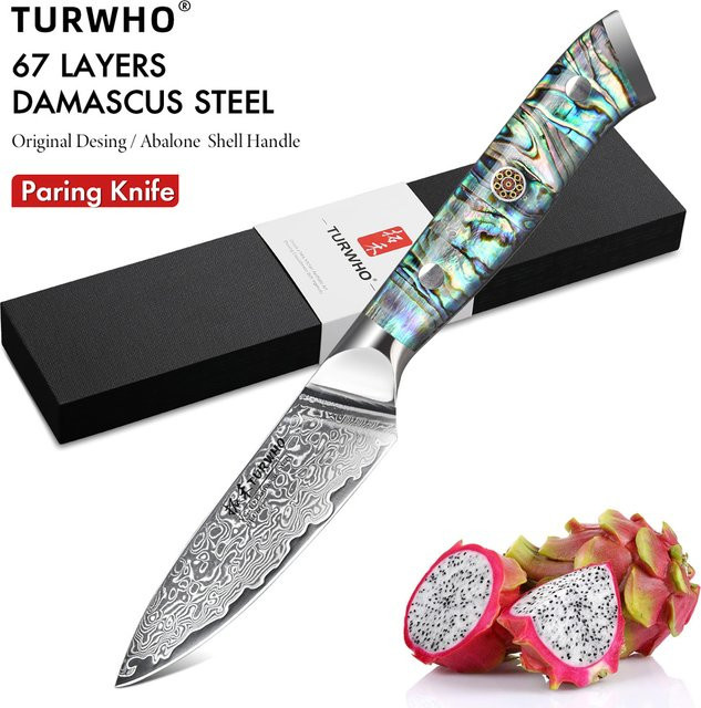 TURWHO Obstmesser aus Damaststahl mit Abalone-Muschelgriff in Multicolour, 3,5 Zoll Schälmesser und Utility-Messer - Bild 1