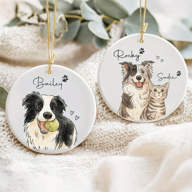 BAUTOBVC Personalisiertes Aquarell-Haustierfoto-Ornament aus Keramik in Weiß, rundes Weihnachtsanhänger-Geschenk für Hunde oder Katzen - Bild 1