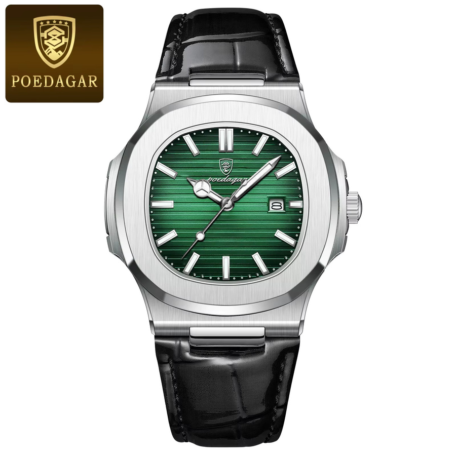 POEDAGAR Armbanduhr Quarz, Leder, Silber, Datum, Herren - Bild 7