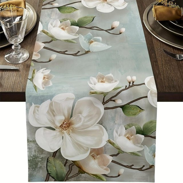 VIKAMA Tischläufer mit Aquarell-Blumen-Motiv in Magnolien-Optik, Leinen-Mix, Grau/Mehrfarbig, B: 33 cm, L: 230 cm - Bild 1