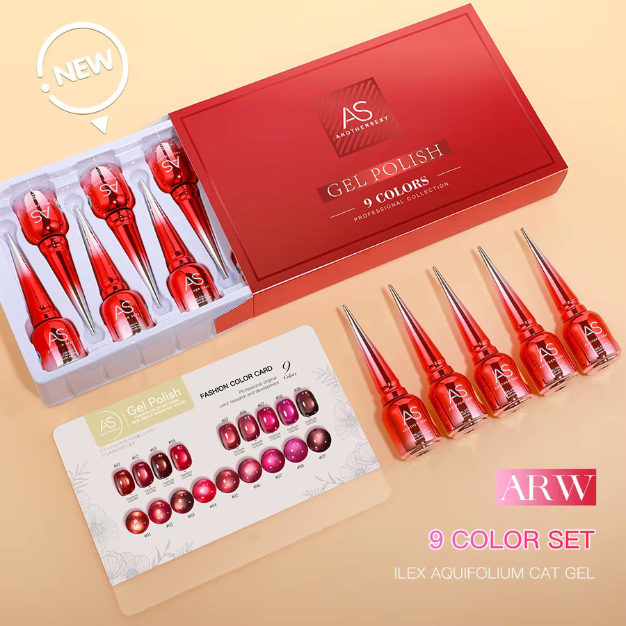 AS Magnet Cat Eye Gel Nagellack-Set, 9 Farben, Rosa und Rot, mit Display - Bild 2