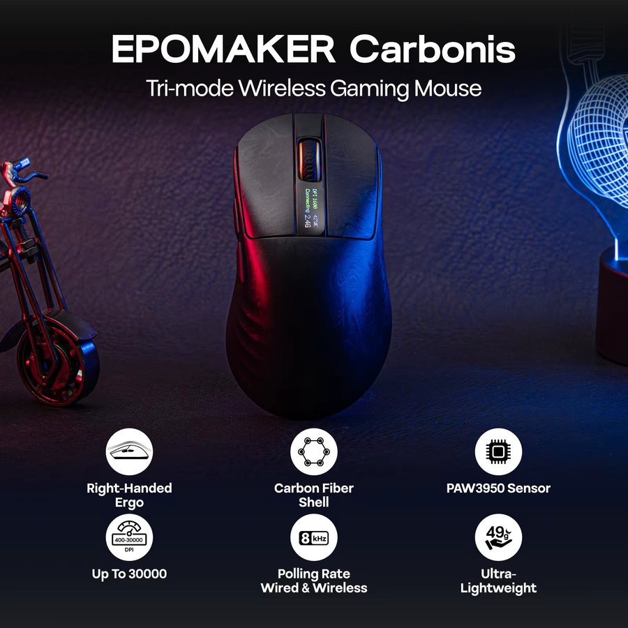 EPOMAKER Carbonis Gaming-Maus Tri-Mode kabellos aus Kohlefaser-Verbundwerkstoff mit PAW3950 Sensor und smartem LCD-Bildschirm in Schwarz und Lila - Bild 2