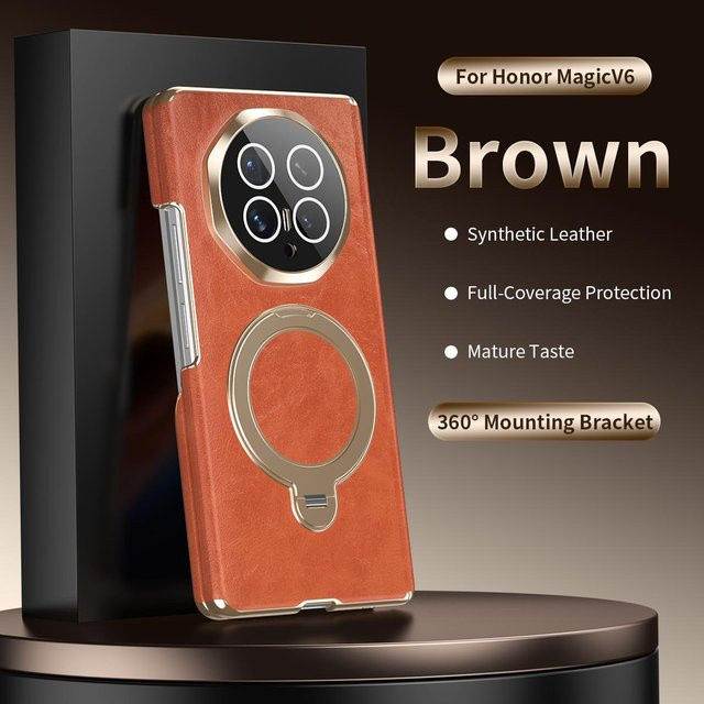 Luxus Leder Handyhülle für Honor Magic V6 in Braun mit Ständer und Stoßschutz - Bild 1
