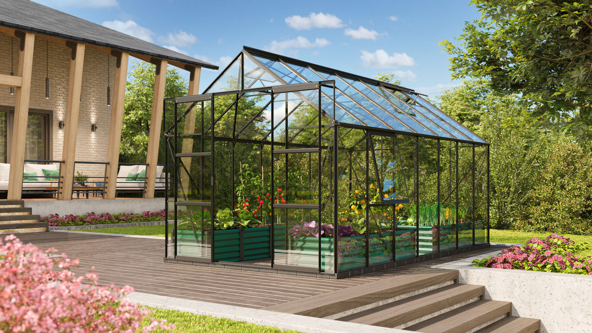 Vitavia Gewächshaus Jupiter 11500 Schwarz mit 11,5 m² Fläche, ESG-Sicherheitsglas und Doppelschiebetür - Bild 3