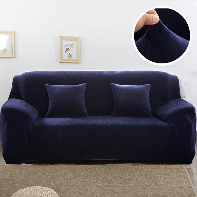 FebEr Samt-Plüsch-Sofabezug für 2-Sitzer und L-förmige Ecksofas, elastisch und rutschfest, Navy Blau - Bild 1