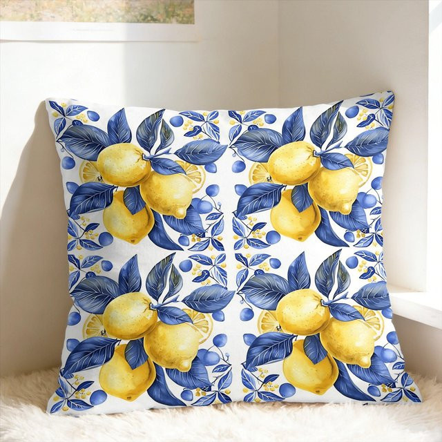 JMG Clothing Kissenbezug mit Zitronen- und blauem Blumenmuster im Retro-Design, B/B: 50 x 50 cm - Bild 1