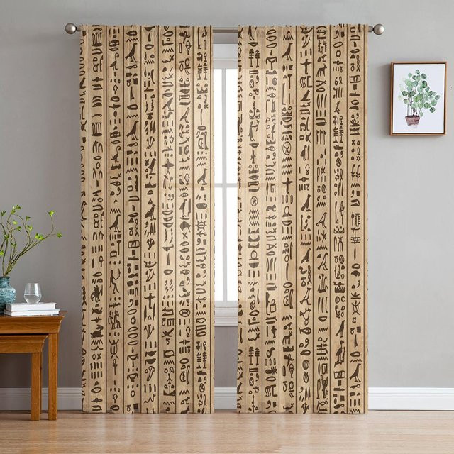 A Family Of Home Textiles Tüllvorhang Altes Ägypten Hieroglyphen Retro-Stil Beige Transparent B: 135 cm, H: 137 cm - Bild 1