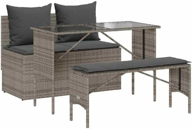 vidaXL 3-teilige Garten-Essgruppe aus Polyrattan mit Kissen in Grau und Glastisch - Bild 1
