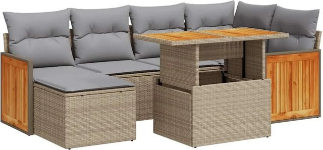 vidaXL 7-teilige Garten-Sofagarnitur aus Poly-Rattan und Akazienholz in Beige-grau - Bild 1