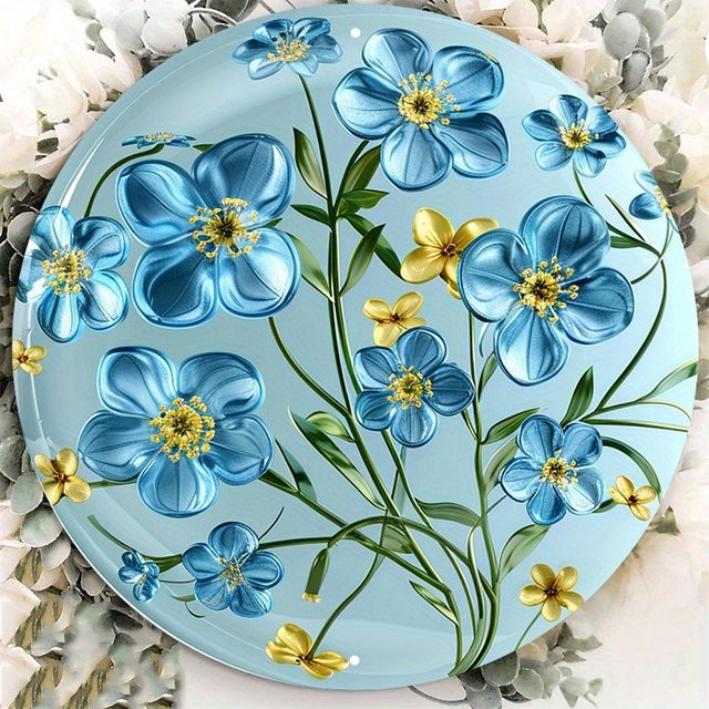 Rundes Aluminium-Metallschild Potdemiel mit blauen Vergissmeinnicht und gelbem Wellen-Design, Durchmesser: 20,32 cm - Bild 1