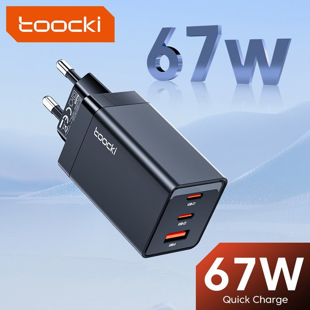Toocki 67 W GaN Ladegerät mit 3 USB-C Ports, schwarzes Schnellladegerät für Laptop und iPhone 15, EU/KR Stecker - Bild 1