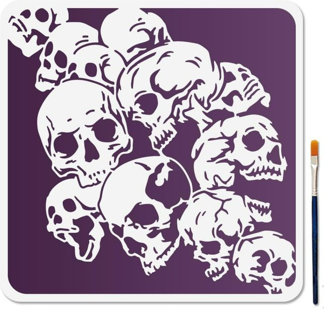 Wiederverwendbare Totenkopf-Schablone für Horror-Motive inklusive Pinsel, B/B: 30,0 x 30,0 cm - Bild 1