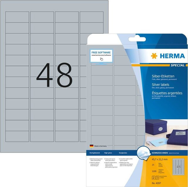 HERMA Special Etiketten aus glänzendem Polyesterfilm, Silber, permanent selbstklebend, für Laser und Multipurpose, B/H: 45,7 x 21,2 mm, 1200 Etiketten (25 Bogen à 48 Stück) - Bild 1