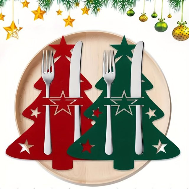 DUTRIEUX Weihnachts-Tischdekoration aus Filz mit Besteckhaltern und Tischsets in Weihnachtsbaum-Form, 12 Stück - Bild 1