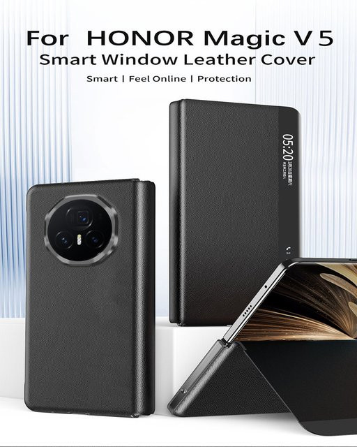 Honor Magic V5 V3 V2 Magnetische Leder-Schutzhülle mit Smart-Fenster in Schwarz - Bild 1