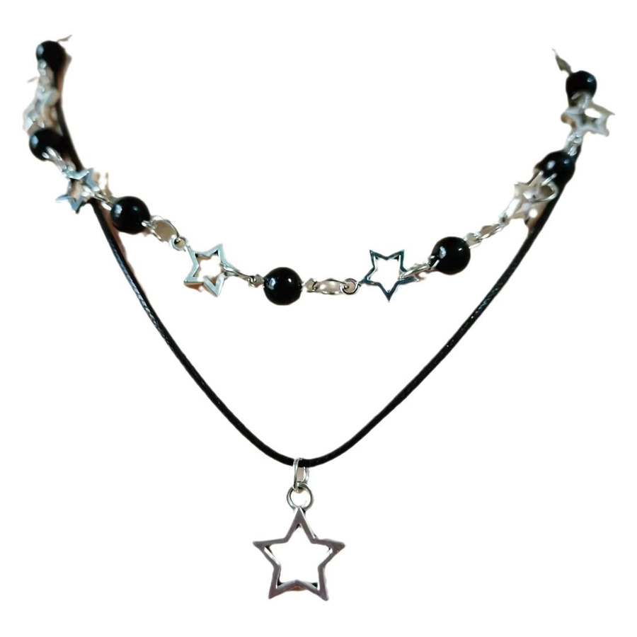 YiYuYiHua Halskette, Doppel Layered, Leder, Schwarz, Perle, Stern, Damen - Bild 2