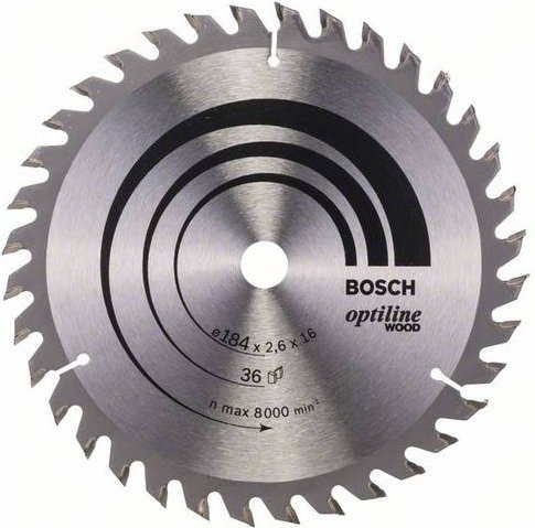 Bosch Optiline Wood Hartmetall Kreissägeblatt, Farbe: Silber, Durchmesser: 184 mm, Bohrung: 16 mm, Schnittdicke: 2,6 mm, 36 Zähne - Bild 1