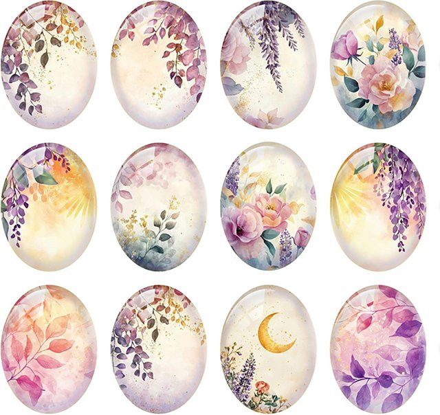 Glas-Cabochon Blätter, Blumenpflanzen, Mond, Sonne, Demo-Cameo - Bild 1