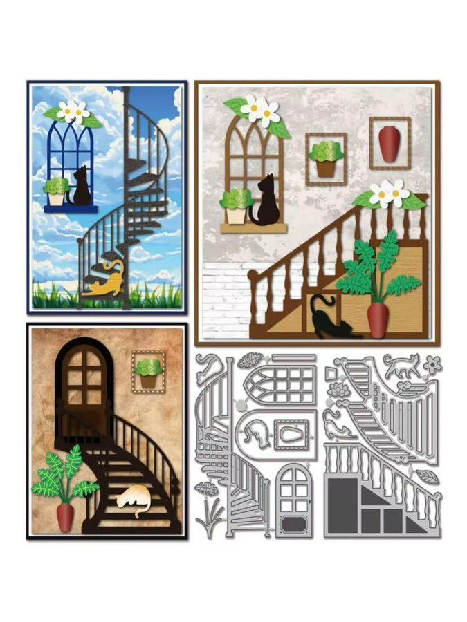 Silberne Stanzformen für Scrapbooking und Bastelarbeiten mit Katzen- und Pflanzenmotiven sowie Treppen- und Fensterformen für Papier und Tagebücher - Bild 7