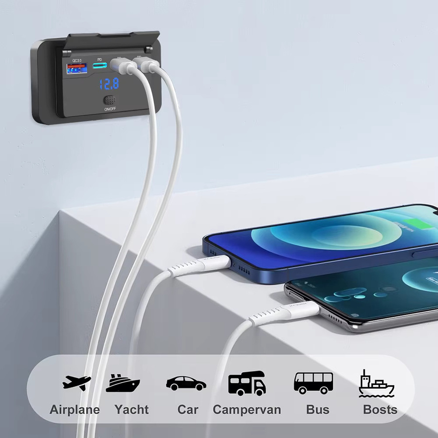 Kebidumei 108W 4-Port 12V USB-Steckdose mit 90W PD und QC 3.0 18W Port, Autoladegerät mit Schalter und Spannungsanzeige in Schwarz für Auto, Bus und Wohnmobil - Bild 3