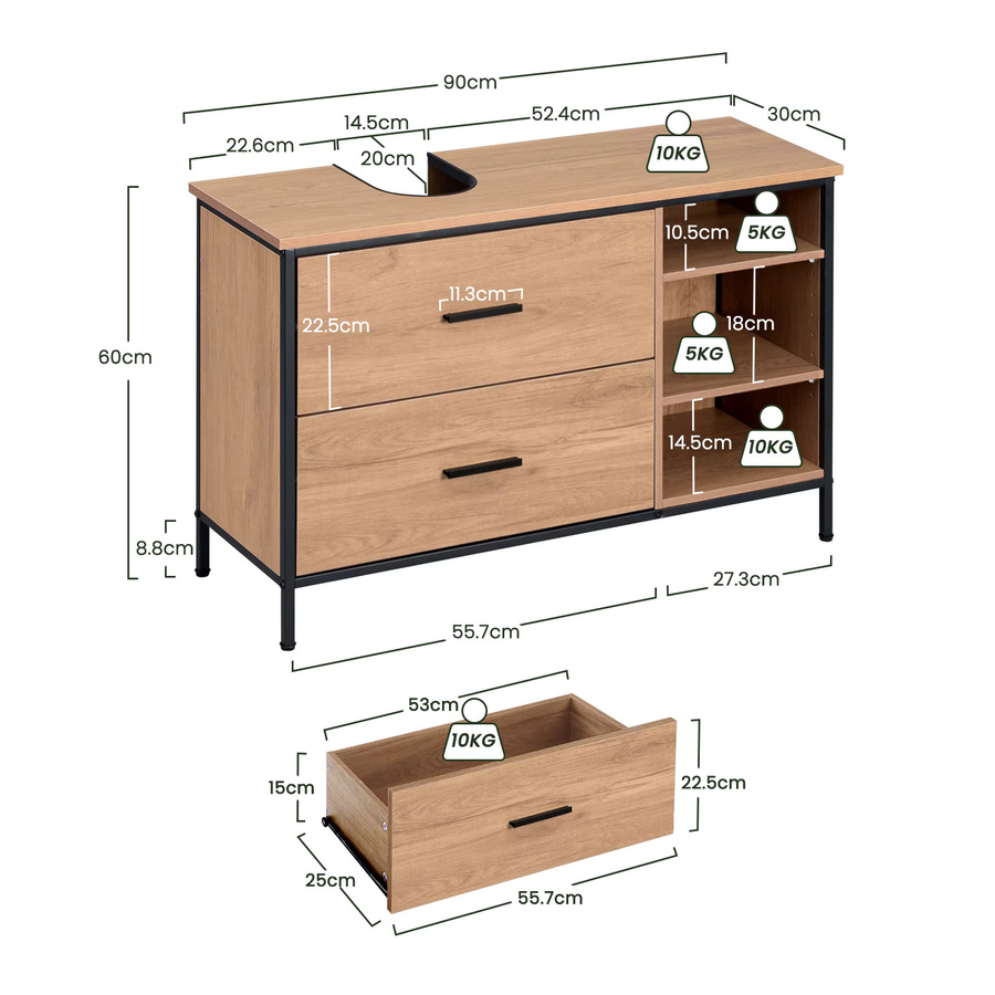 EUGAD Badezimmerschrank Waschtischunterschrank mit 2 Schubladen und 3 Fächern in Eiche Beige Braun, B/T/H: 90 x 60 x 30 cm - Bild 5