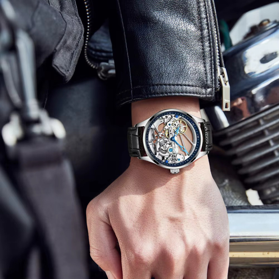 LUOLINGONGJUE Armbanduhr Automatik, Edelstahl, Leder, Schwarz, Herren - Bild 4