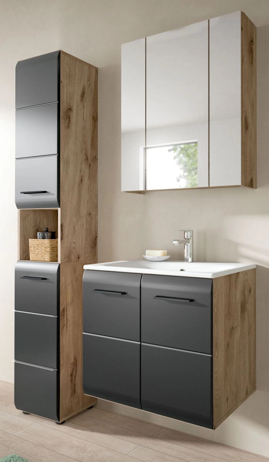 Badmöbel Set Cover 3-teilig in Schwarz und Eiche mit Waschtischunterschrank, Spiegelschrank und Hochschrank, modern und matt - Bild 1