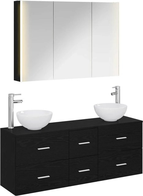 vidaXL Badezimmermöbel-Set 4-teilig in Schwarz mit Spiegelschrank, Waschtischunterschrank und Seitenschrank aus Holz und Glas mit LED-Beleuchtung - Bild 1