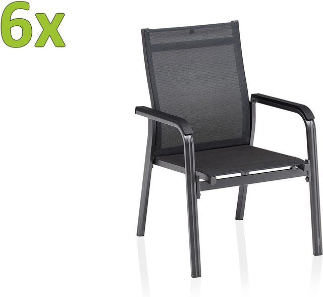 Kettler BasicPlus Premium Stapelsessel Set aus Aluminium und Outdoorgewebe, 6er Set, Anthrazit/Schwarz - Bild 1