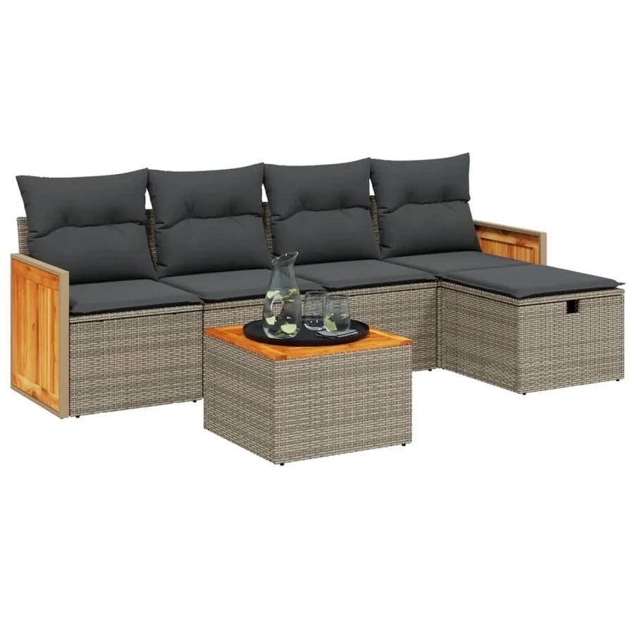vidaXL 6-teilige Garten-Sofagarnitur in L-Form mit Polsterkissen, Grau, Polyrattan und Metallgestell - Bild 2