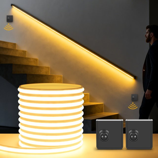 CHNAITEKE Kabelloser COB-LED-Neonstreifen mit PIR-Bewegungssensor und integrierter LED für Nachtlicht in Bett, Badezimmer, Treppe und Flur, 24 V, Silikonband - Bild 1