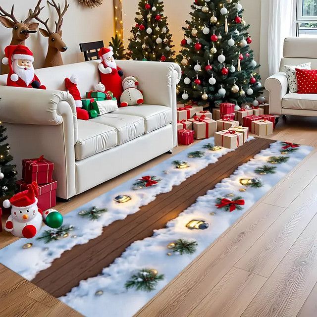VIKAMA Weihnachts Läufer mit 3D-Schnee- und Weihnachtsbaum-Muster als dekorative Bodenmatte - Bild 1