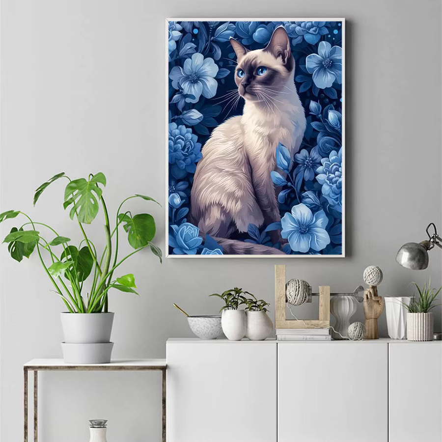 Huacan Diamant-Gemälde mit Katze und Blumen als Wanddeko im Mosaik-Stil mit Full Round Steinen, B/H: 40 x 30 x 2 cm - Bild 3
