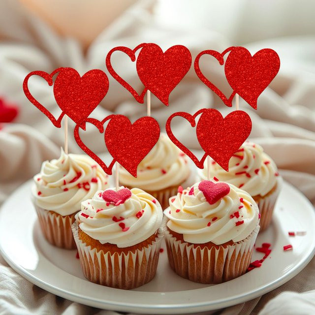 YOMDID 24 Stück glitzernde Cupcake-Topper in Rot für Valentinstag, Hochzeiten und Partys - Bild 1