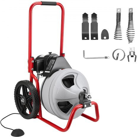 VEVOR Rohrreinigungsmaschine mit Reinigungsspirale in Rot, 22 m Länge und 9,5 mm Durchmesser, inklusive 6 Schneidwerkzeugen und pneumatischem Fußschalter für Rohre von 50 mm bis 100 mm - Bild 1