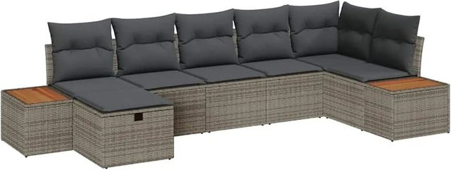 vidaXL Garten-Sofa-Set aus Polyrattan in Grau, 7-teiliges L-Shape Lounge-Set mit Polstern, 3-Sitzer, Eckelement, Ottoman und Couchtisch - Bild 1