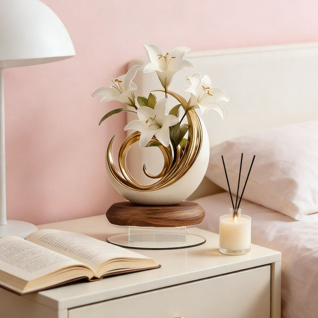Elegante 2D Kristallvase mit weißer Lilie und goldener Dekoration aus Glas für dein Wohnzimmer oder Büro in Weiß und Gold - Bild 1