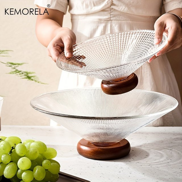 KEMORELA Dekorative Obstschale aus Glas mit Holzbasis in Transparent, B/T/H: 25,0 x 10,0 x 10,0 cm - Bild 1