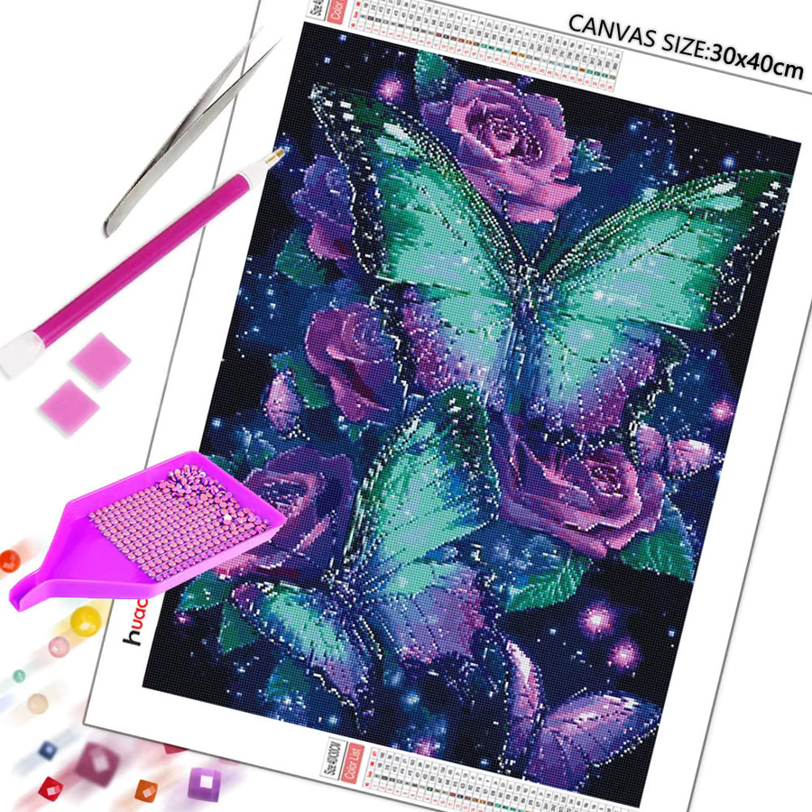 Huacan Diamond Painting Set Schmetterling und Blumen in Pink und Multicolour, 5D DIY Mosaik mit quadratischen Steinen zur Heimdekoration - Bild 2