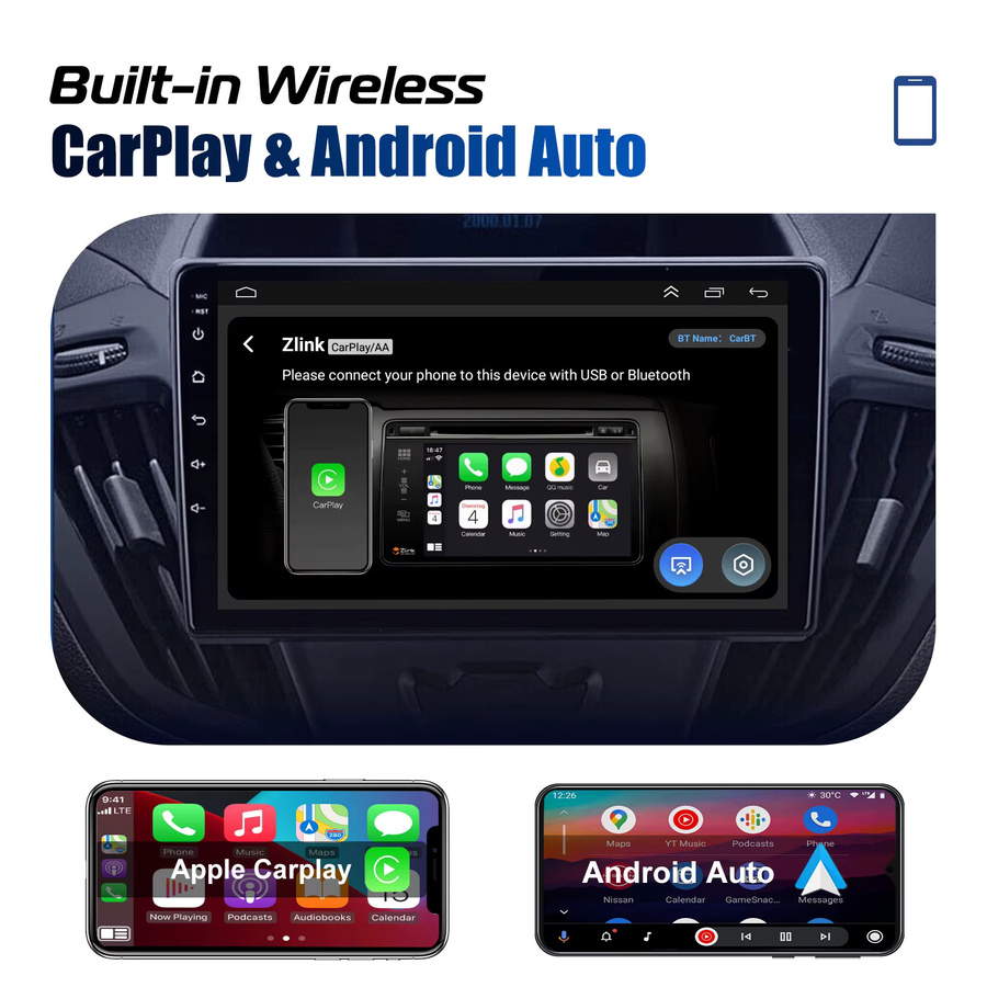 ESSGOO Android 14 Autoradio mit 9 Zoll Touchscreen, 4+64GB, Kabelloses Carplay und Android Auto, GPS, Wifi, Bluetooth, für Ford Transit Custom 2012-2021, Schwarz - Bild 2