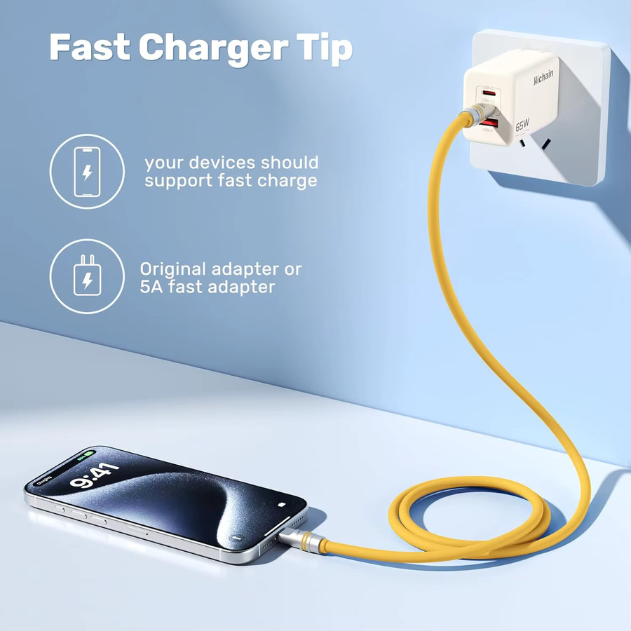 Hichain USB C zu Typ C Schnellladekabel 240W aus flüssigem Silikon für iPhone, Samsung und Huawei Tablets in Orange und Gelb - Bild 2