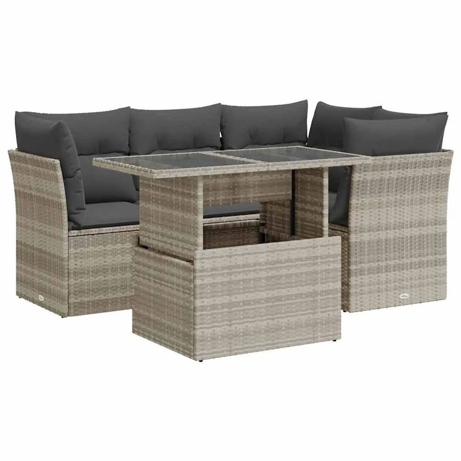 vidaXL 5-teilige Garten-Sofagarnitur in L-Form aus Poly-Rattan in Hellgrau mit Kissen und Stauraum - Bild 2