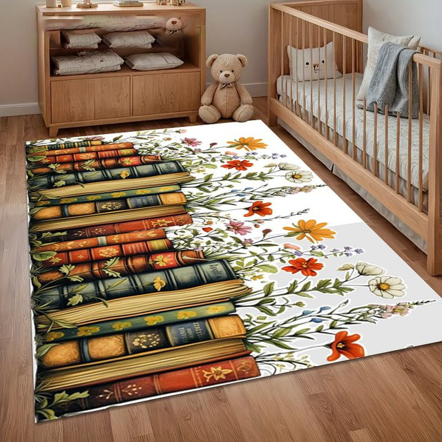 Rutschfester Retro Teppich mit Bücherregal- und Kaffeebecher-Motiv in Mehrfarbig für Kinderzimmer, Schlafzimmer oder Wohnzimmer - Bild 1