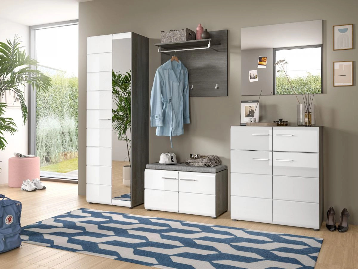 Garderobe Sitzbank Rumba Schuhregal in Weiß Hochglanz und Grau mit Breite: 80 cm - Bild 3